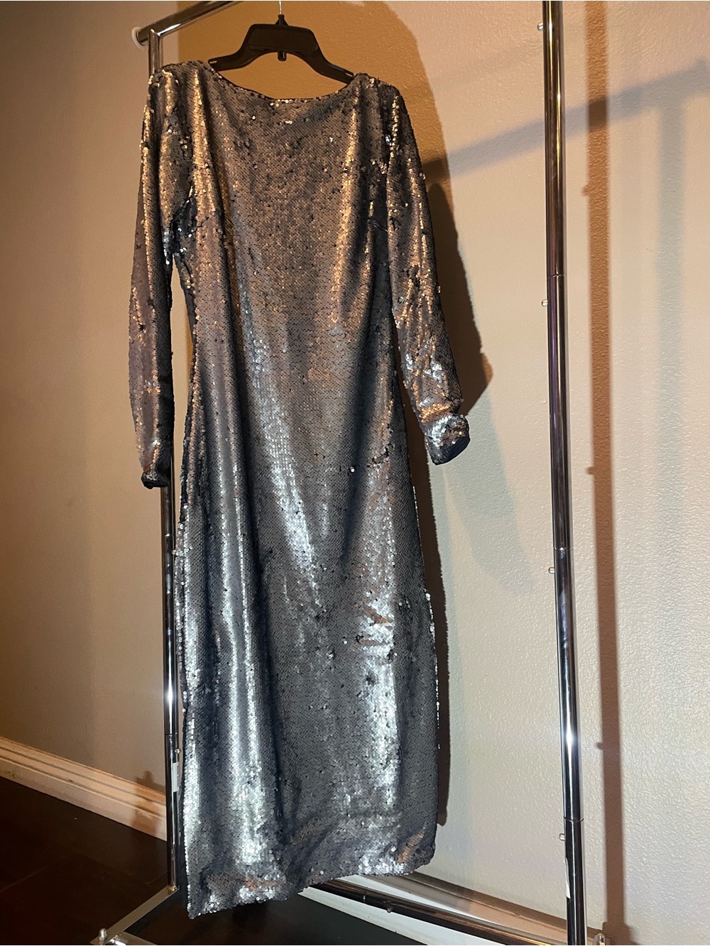 Calvin Klein Silver Sequin Long Sleeve Evening Gown